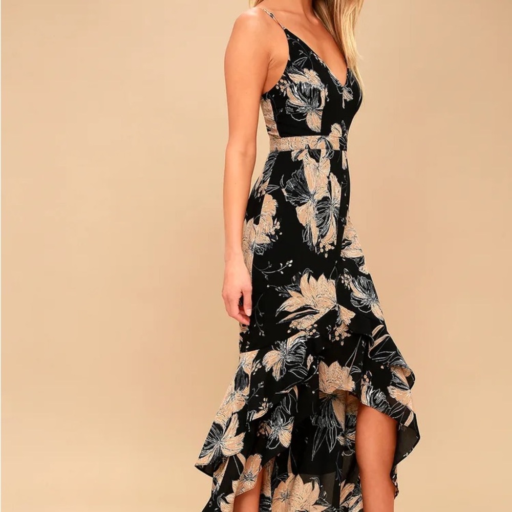 Darling Daylily Black Floral Print High-Low Maxi Dress